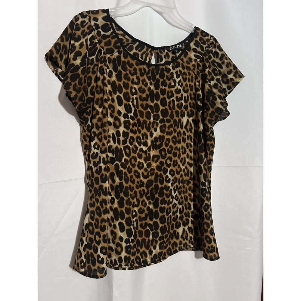 Express Brown/Black Animal Print Polyester Round Neck Short Sleeve Blouse M